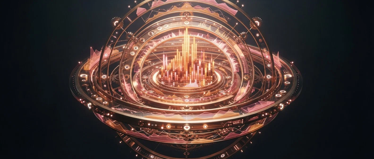 An orrery of brass rings and rose glass turning around a rising skyline of bars